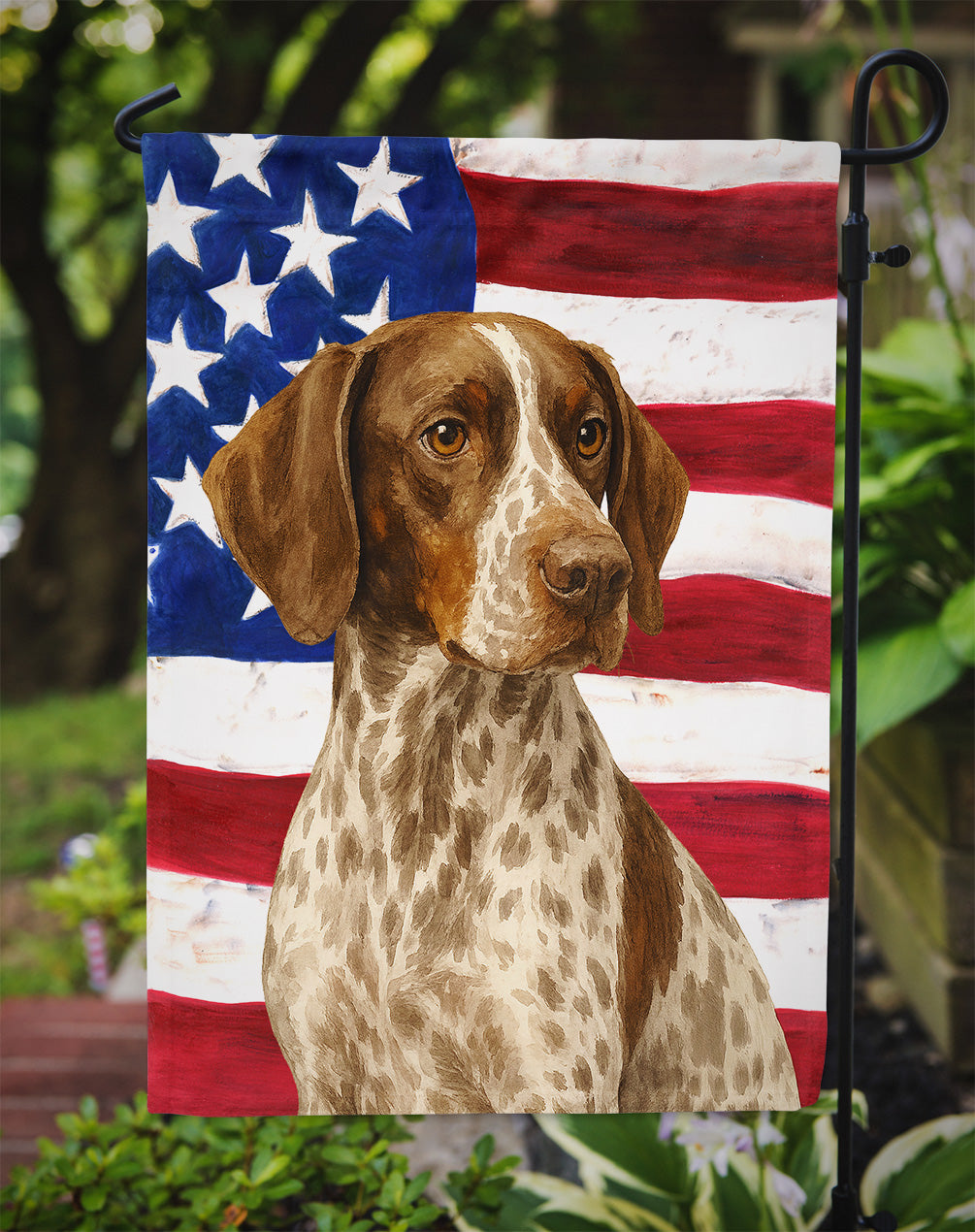 Liver and White German Shorthaired Pointer American Flag Garden Flag