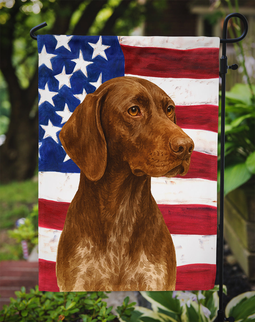 Liver German Shorthaired Pointer American Flag Garden Flag