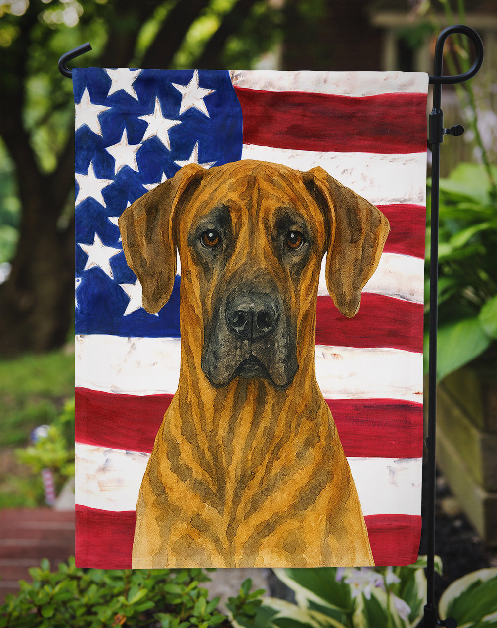 Brindle Great Dane American Flag Garden Flag