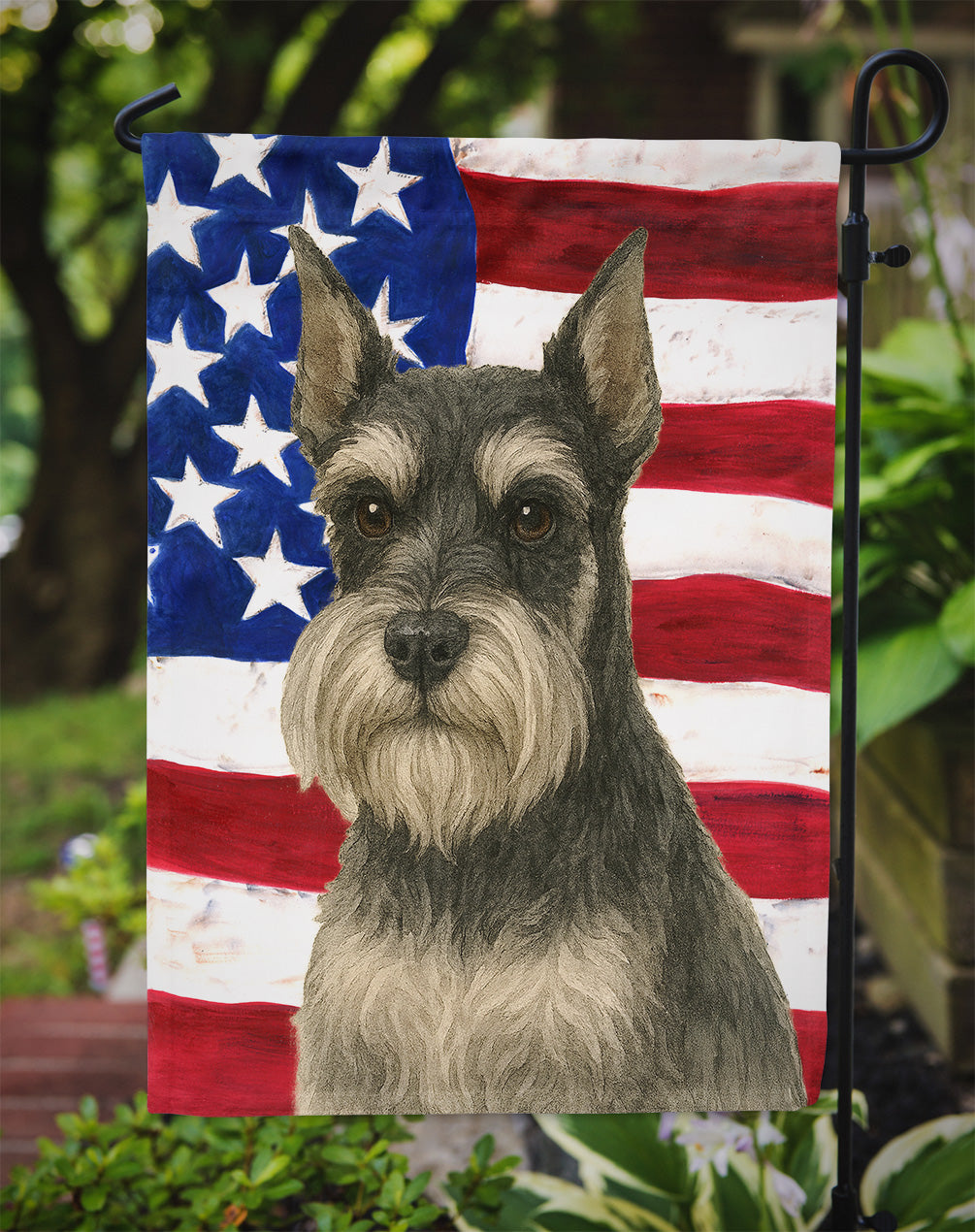 Black and Silver Schnauzer American Flag Garden Flag