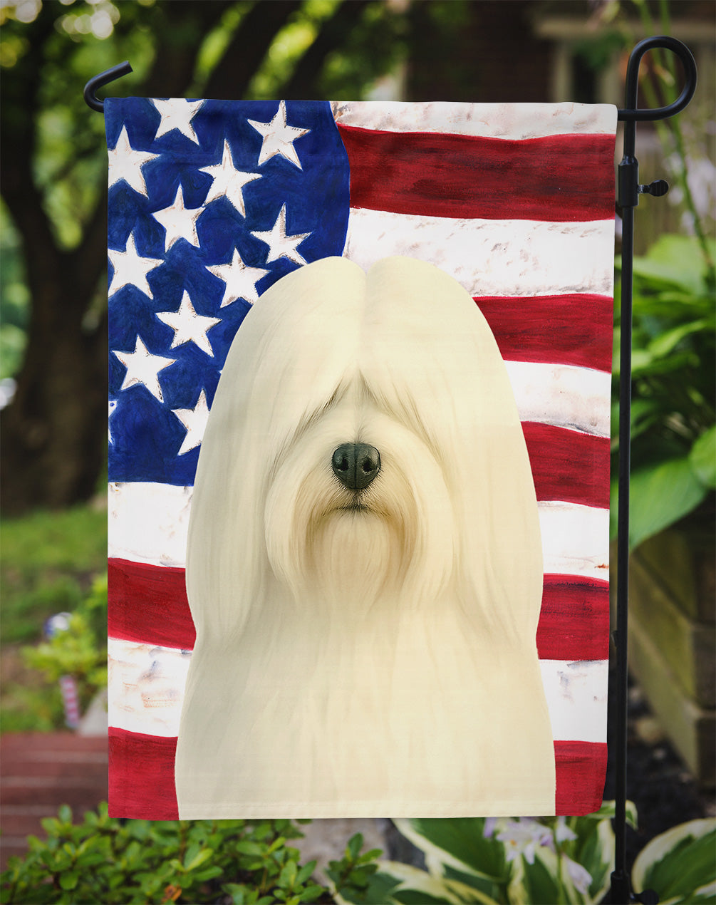 White Lhasa Apso American Flag Garden Flag