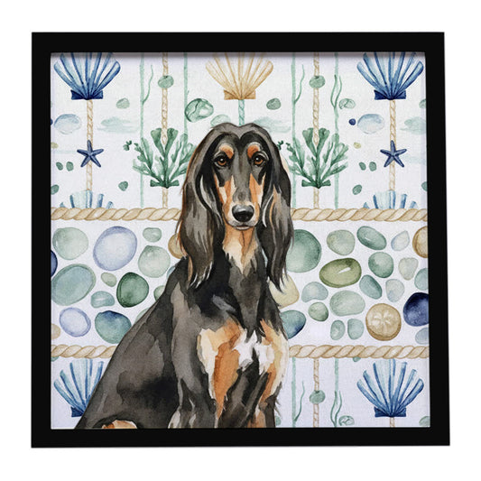 Buy this Black & Tan Afghan Hound Coastal Sea Glass Framed Metal Print