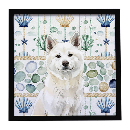 Buy this White Akita Coastal Sea Glass Framed Metal Print