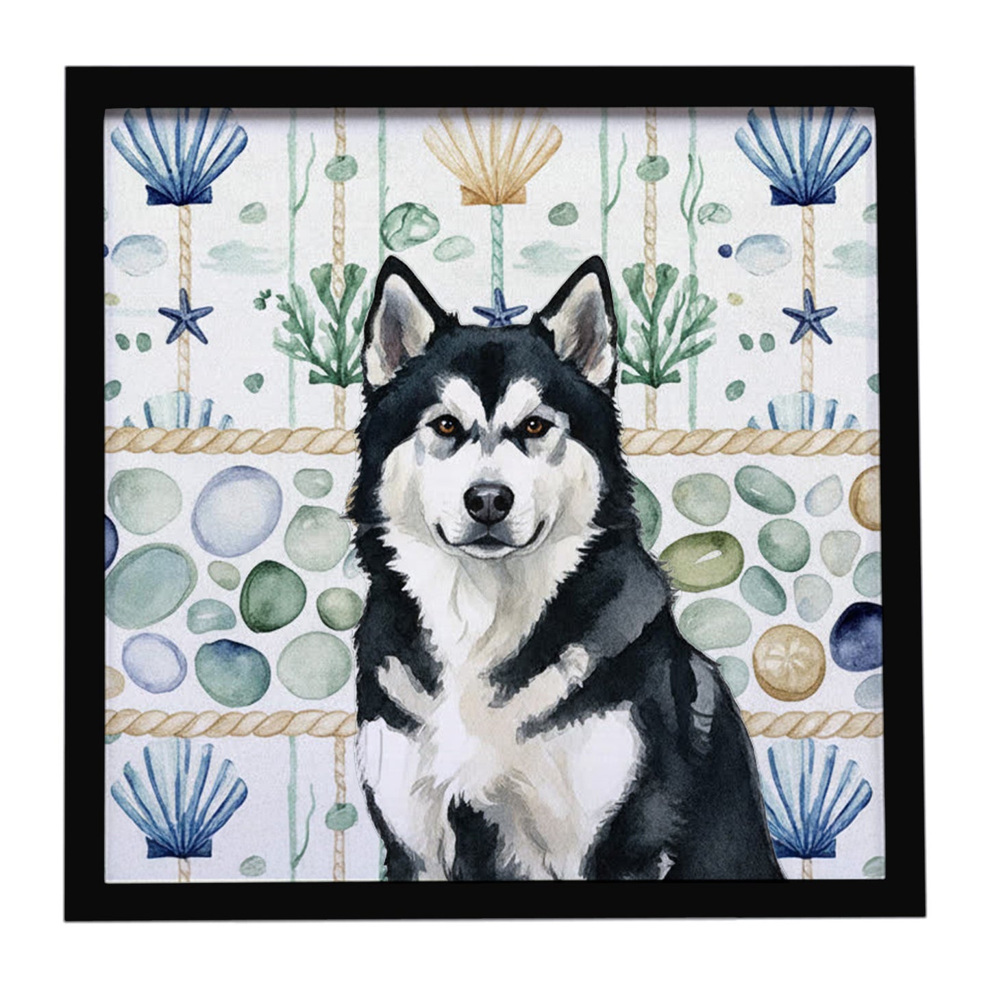 Buy this Black and White Alaskan Malamute Coastal Sea Glass Framed Metal Print