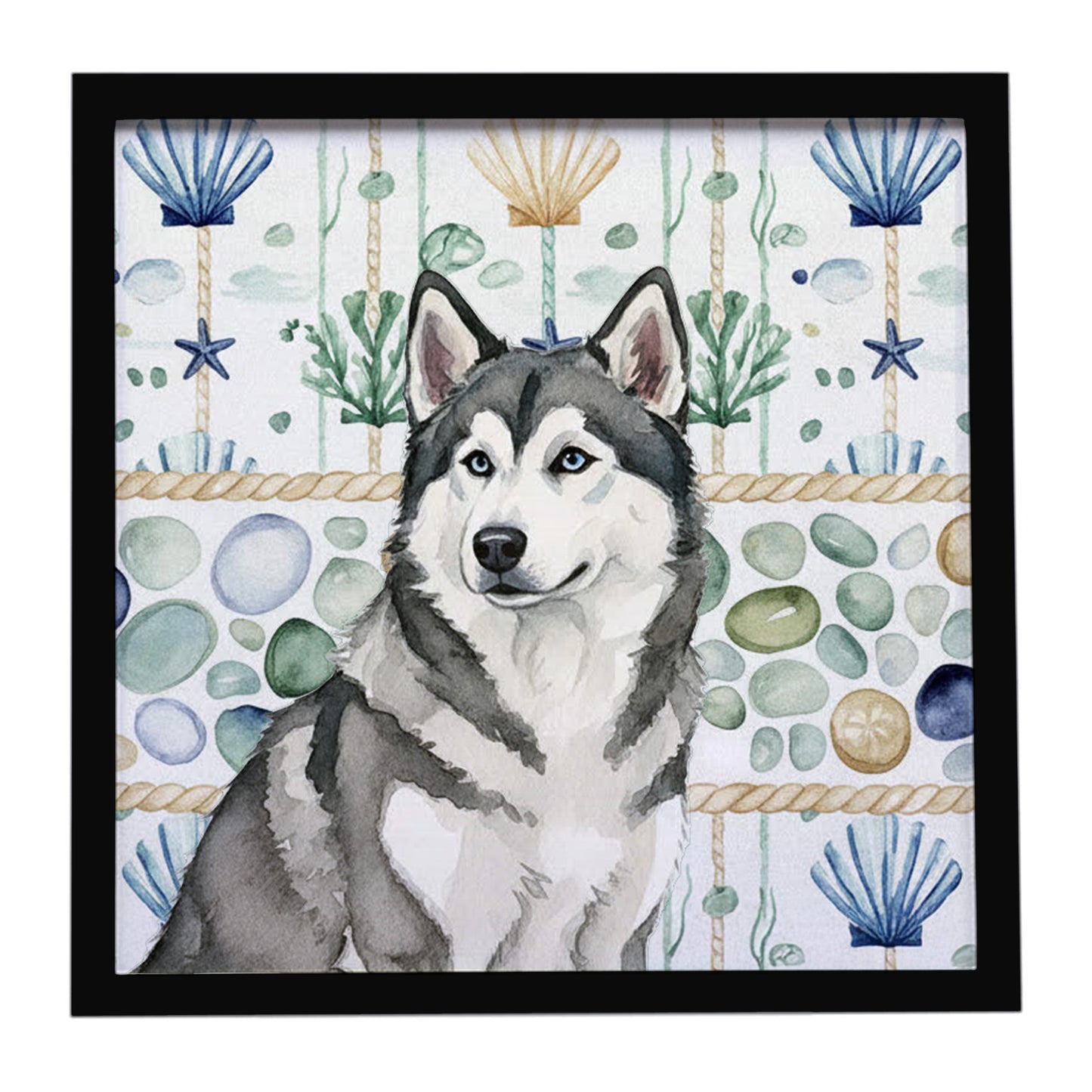 Buy this Gray and White Alaskan Malamute Coastal Sea Glass Framed Metal Print
