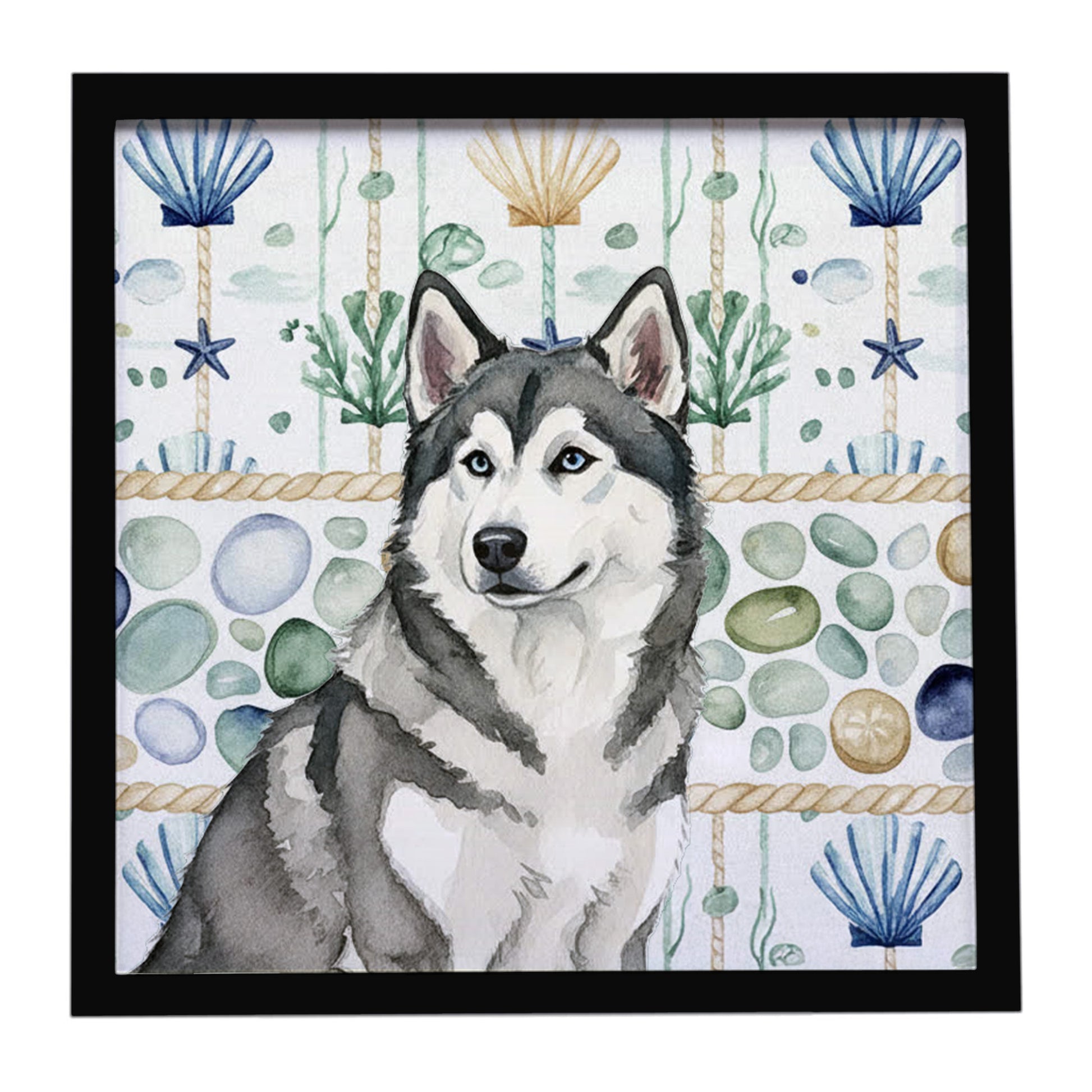 Buy this Gray and White Alaskan Malamute Coastal Sea Glass Framed Metal Print