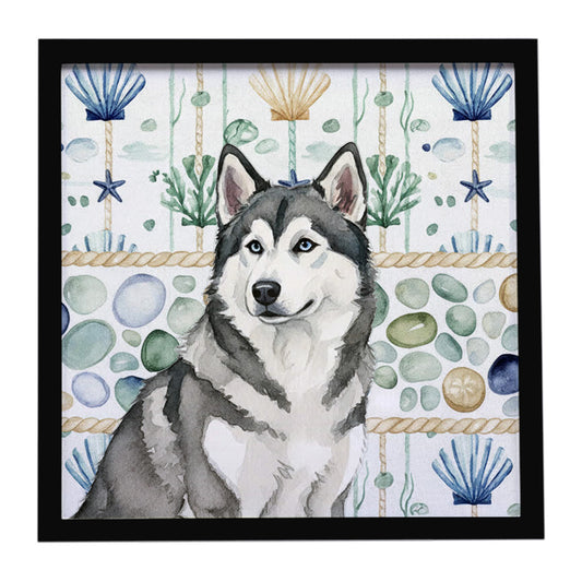 Buy this Gray and White Alaskan Malamute Coastal Sea Glass Framed Metal Print