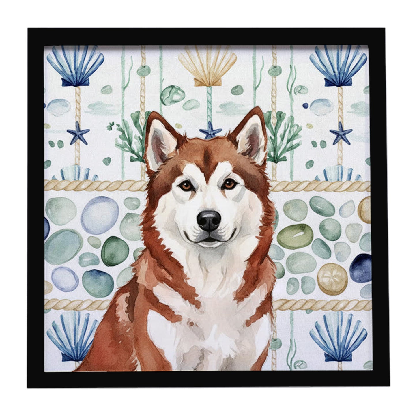 Buy this Red and White Alaskan Malamute Coastal Sea Glass Framed Metal Print