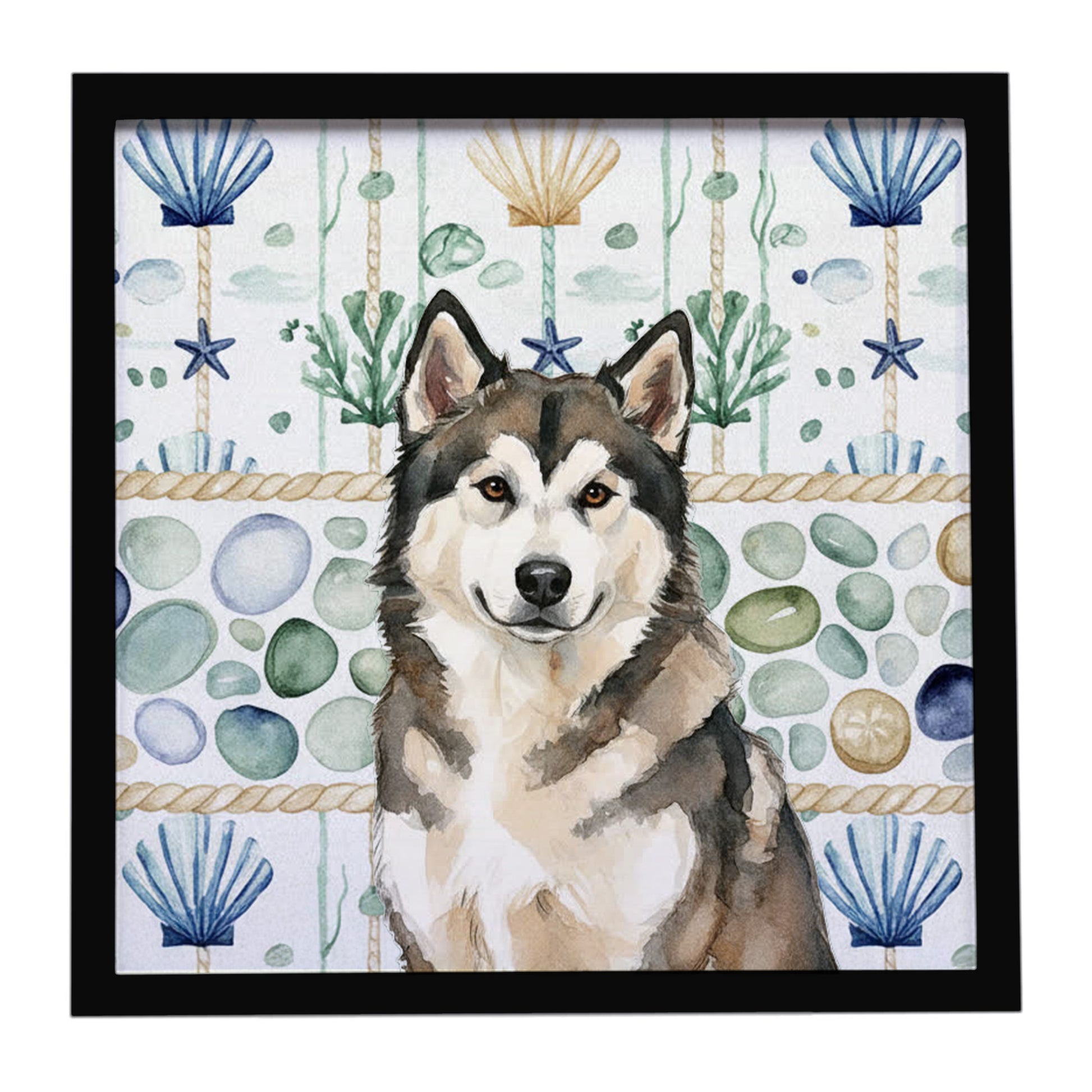 Buy this Sable and White Alaskan Malamute Coastal Sea Glass Framed Metal Print
