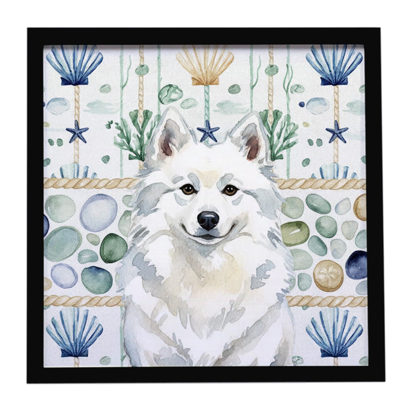Buy this American Eskimo Coastal Sea Glass Framed Metal Print