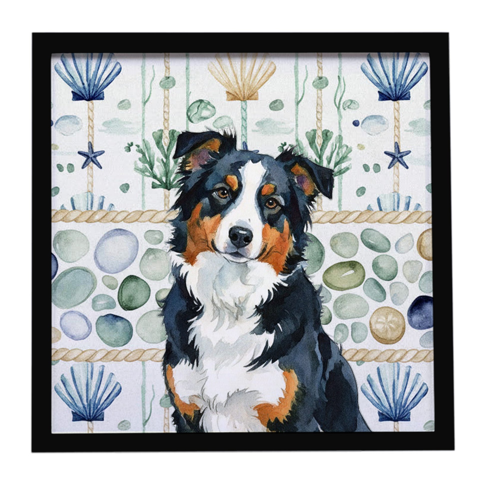 Buy this Black Tri American Shepherd Coastal Sea Glass Framed Metal Print