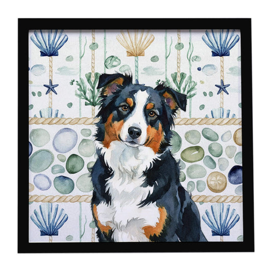 Buy this Black Tri American Shepherd Coastal Sea Glass Framed Metal Print