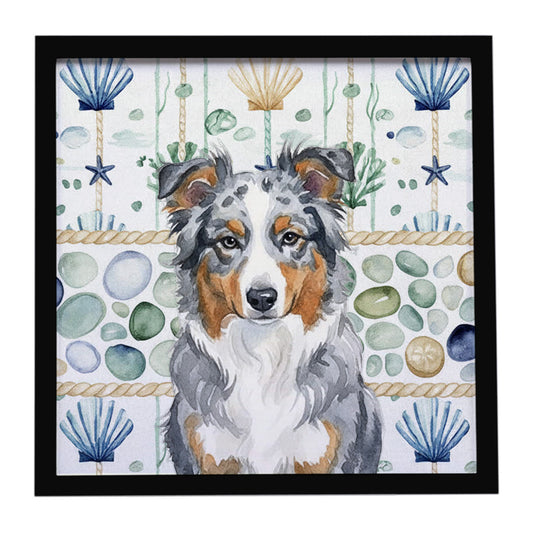 Buy this Blue Merle American Shepherd Coastal Sea Glass Framed Metal Print