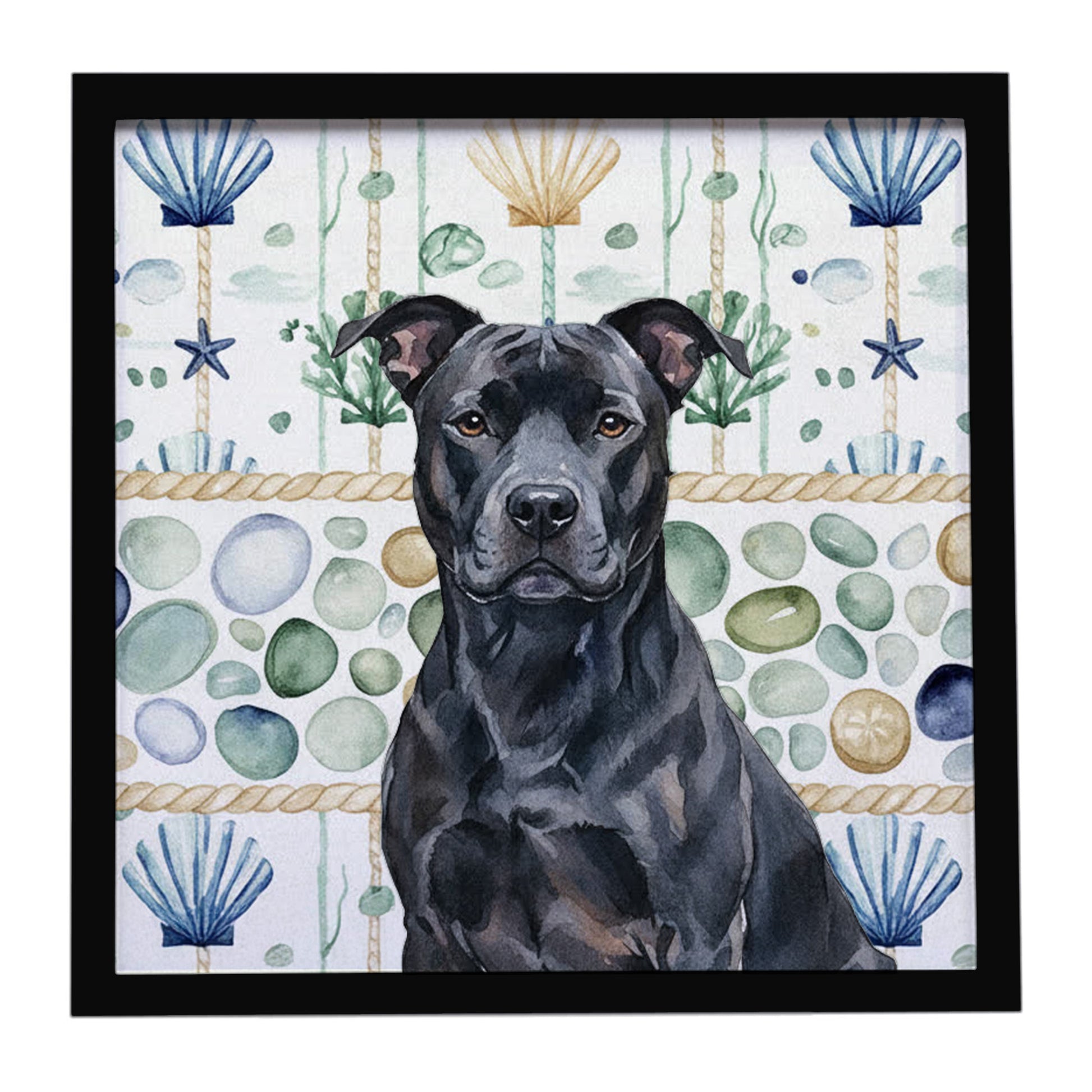 Buy this Black American Staffordshire Terrier Coastal Sea Glass Framed Metal Print