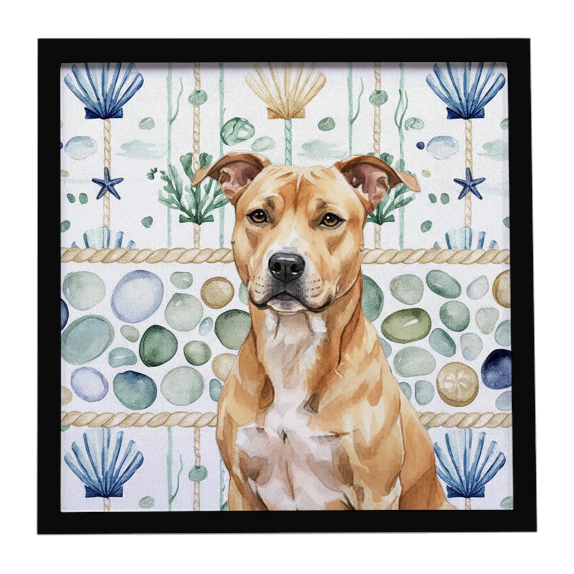 Buy this Fawn American Staffordshire Terrier Coastal Sea Glass Framed Metal Print