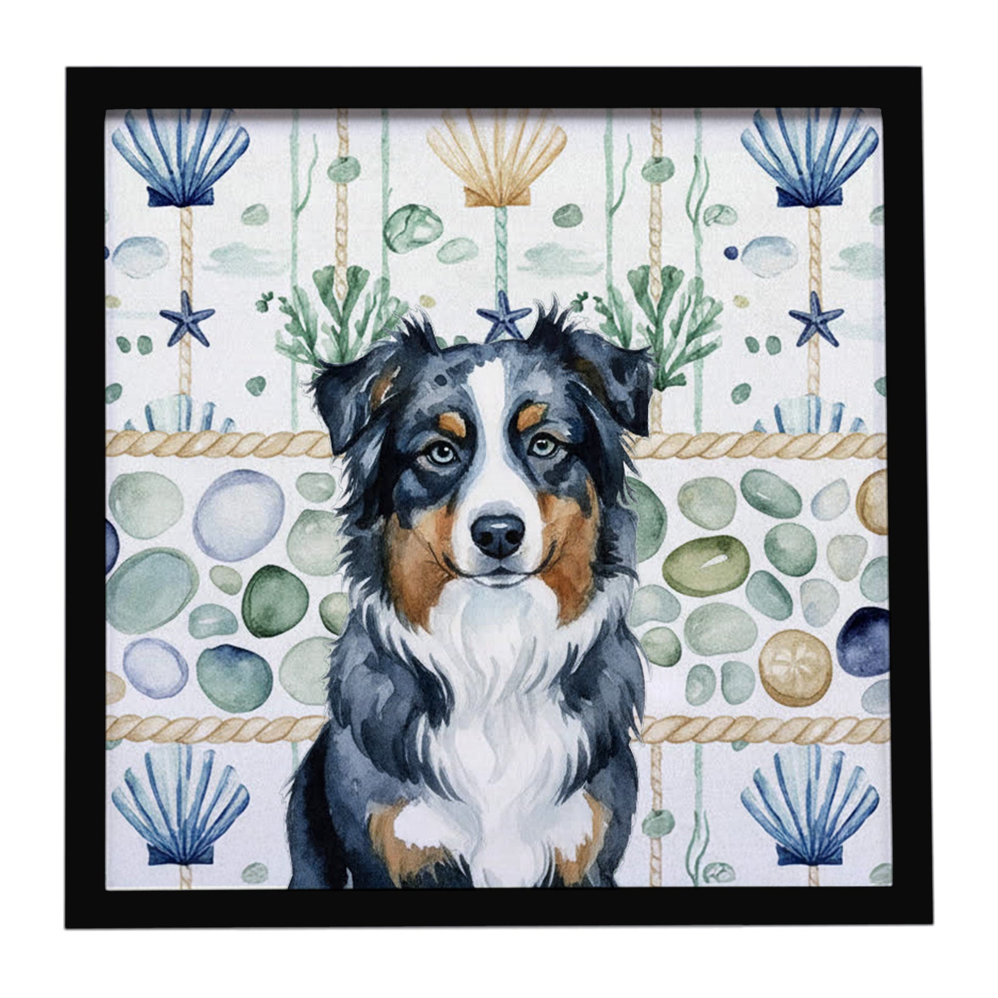 Buy this Black Australian Shepherd Coastal Sea Glass Framed Metal Print