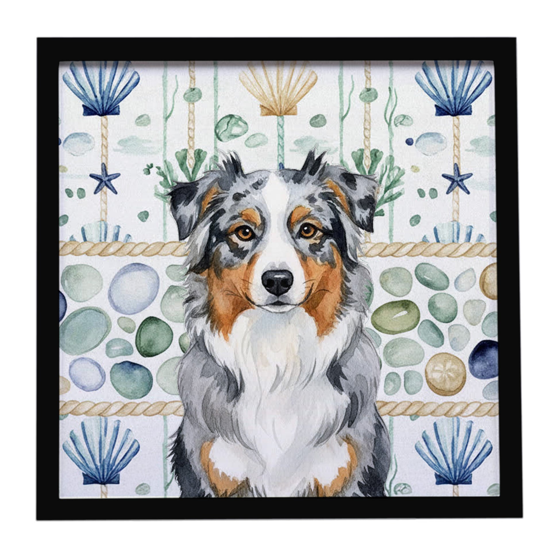 Buy this Blue Merle Australian Shepherd Coastal Sea Glass Framed Metal Print