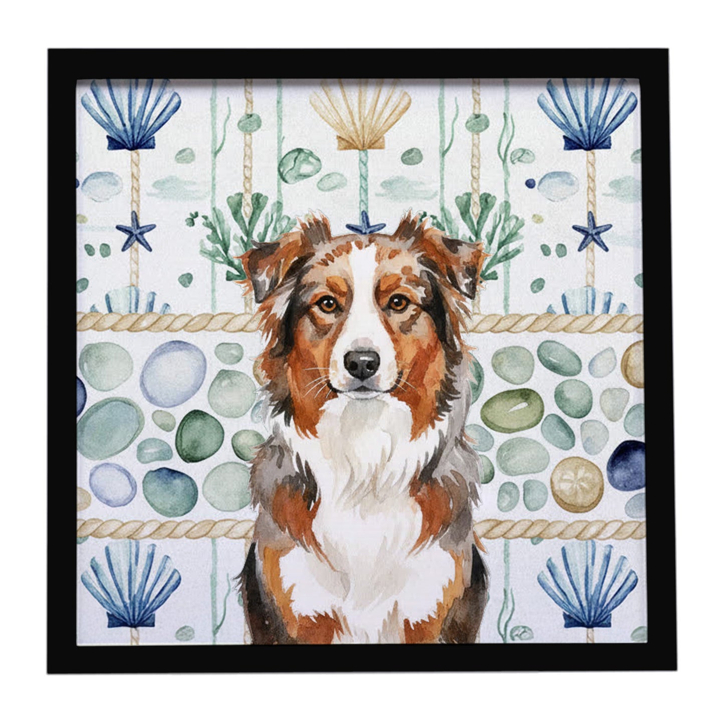 Buy this Red Merle Australian Shepherd Coastal Sea Glass Framed Metal Print