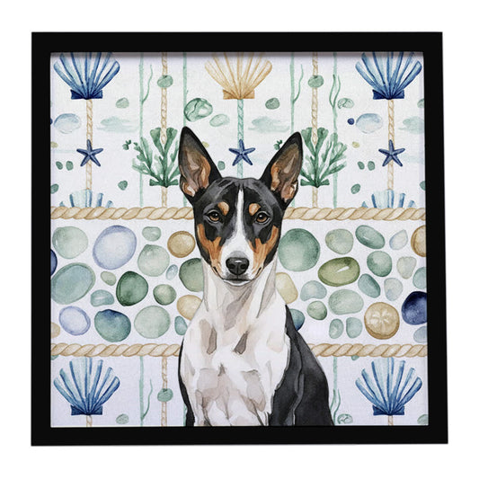 Buy this Black and White Basenji Coastal Sea Glass Framed Metal Print