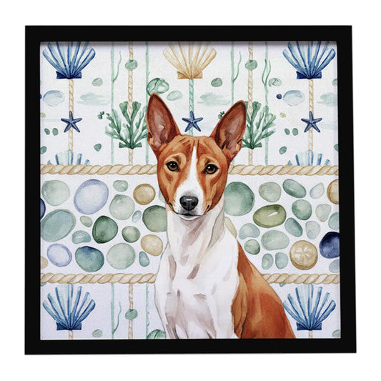 Buy this Red and White Basenji Coastal Sea Glass Framed Metal Print