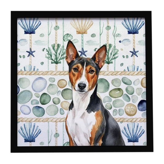 Buy this Tricolor and White Basenji Coastal Sea Glass Framed Metal Print