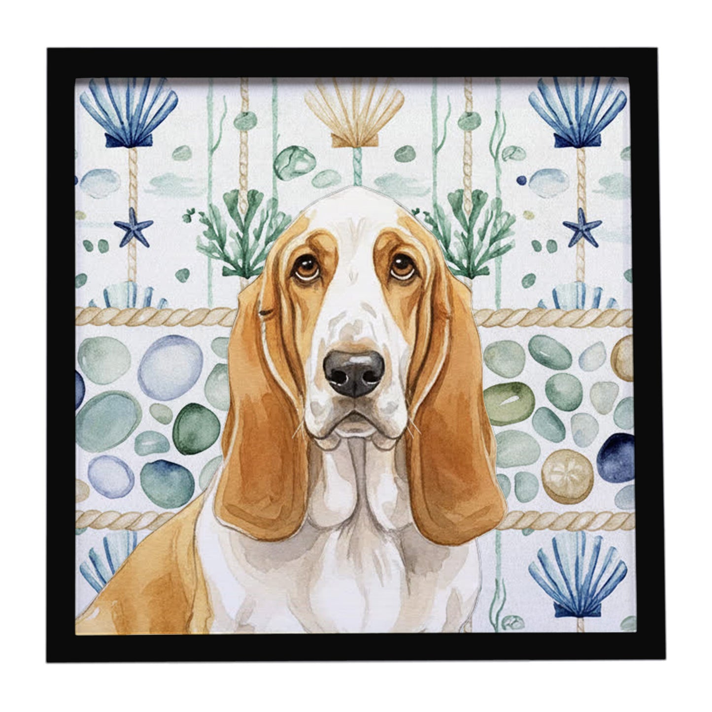 Buy this Lemon and White Basset Hound Coastal Sea Glass Framed Metal Print