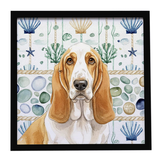 Buy this Lemon and White Basset Hound Coastal Sea Glass Framed Metal Print