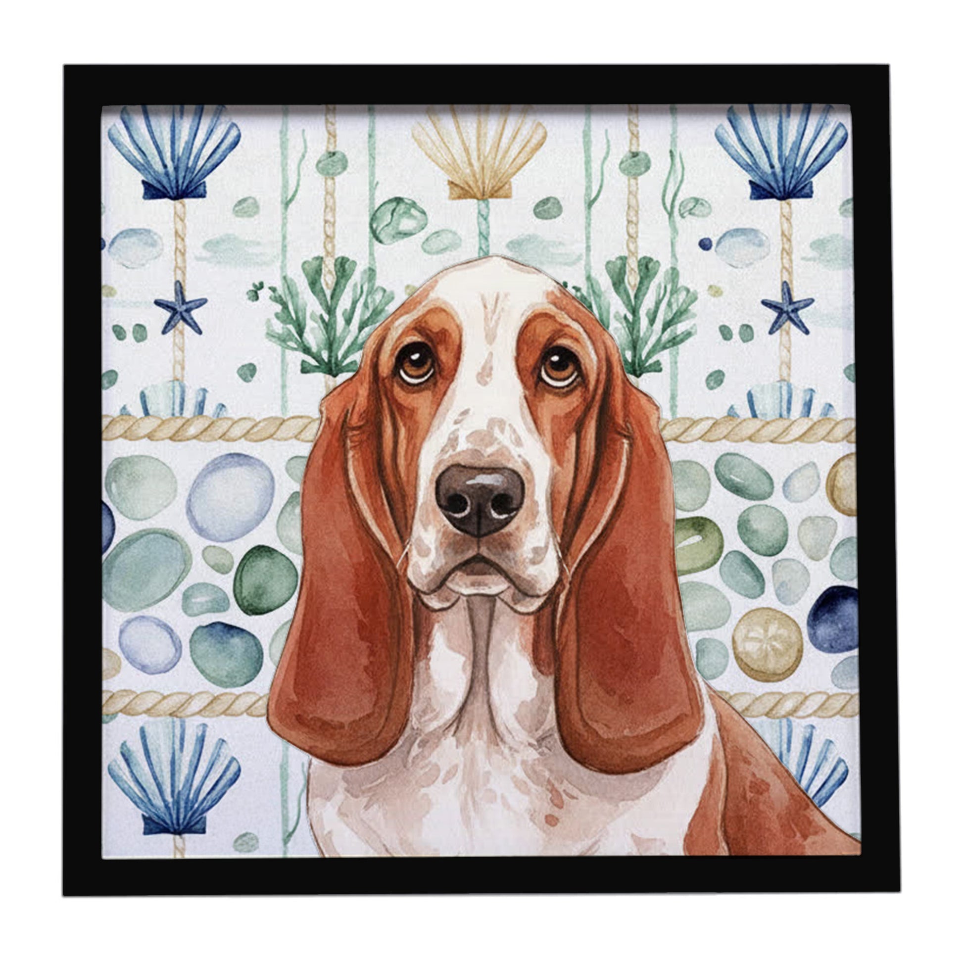 Buy this Red and White Basset Hound Coastal Sea Glass Framed Metal Print