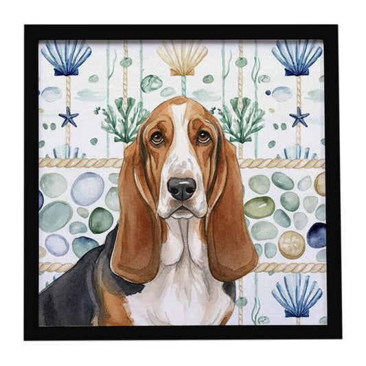 Buy this Tricolor and White Basset Hound Coastal Sea Glass Framed Metal Print