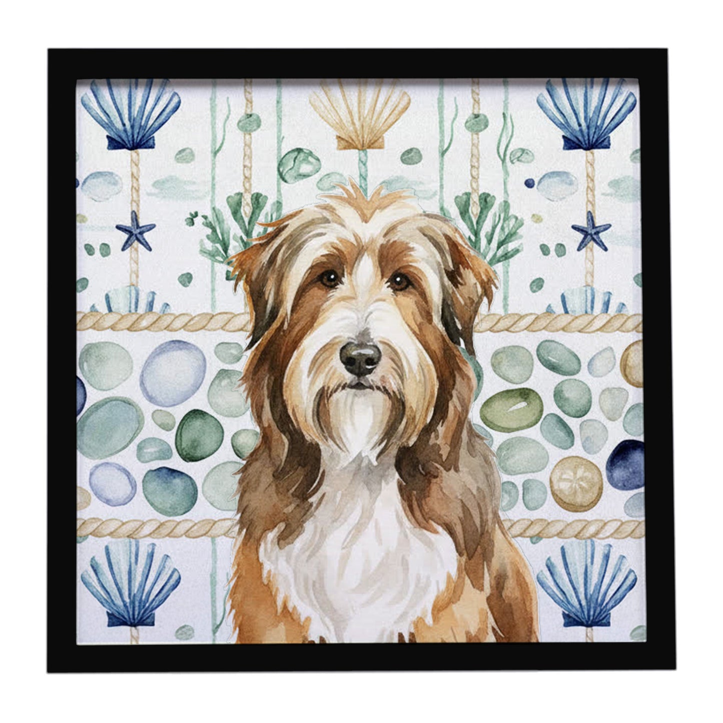 Buy this Brown Bearded Collie Coastal Sea Glass Framed Metal Print