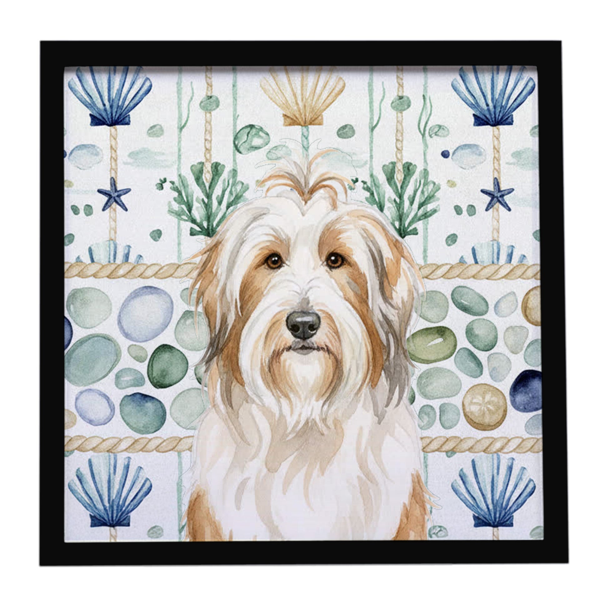 Buy this White and Tan Bearded Collie Coastal Sea Glass Framed Metal Print