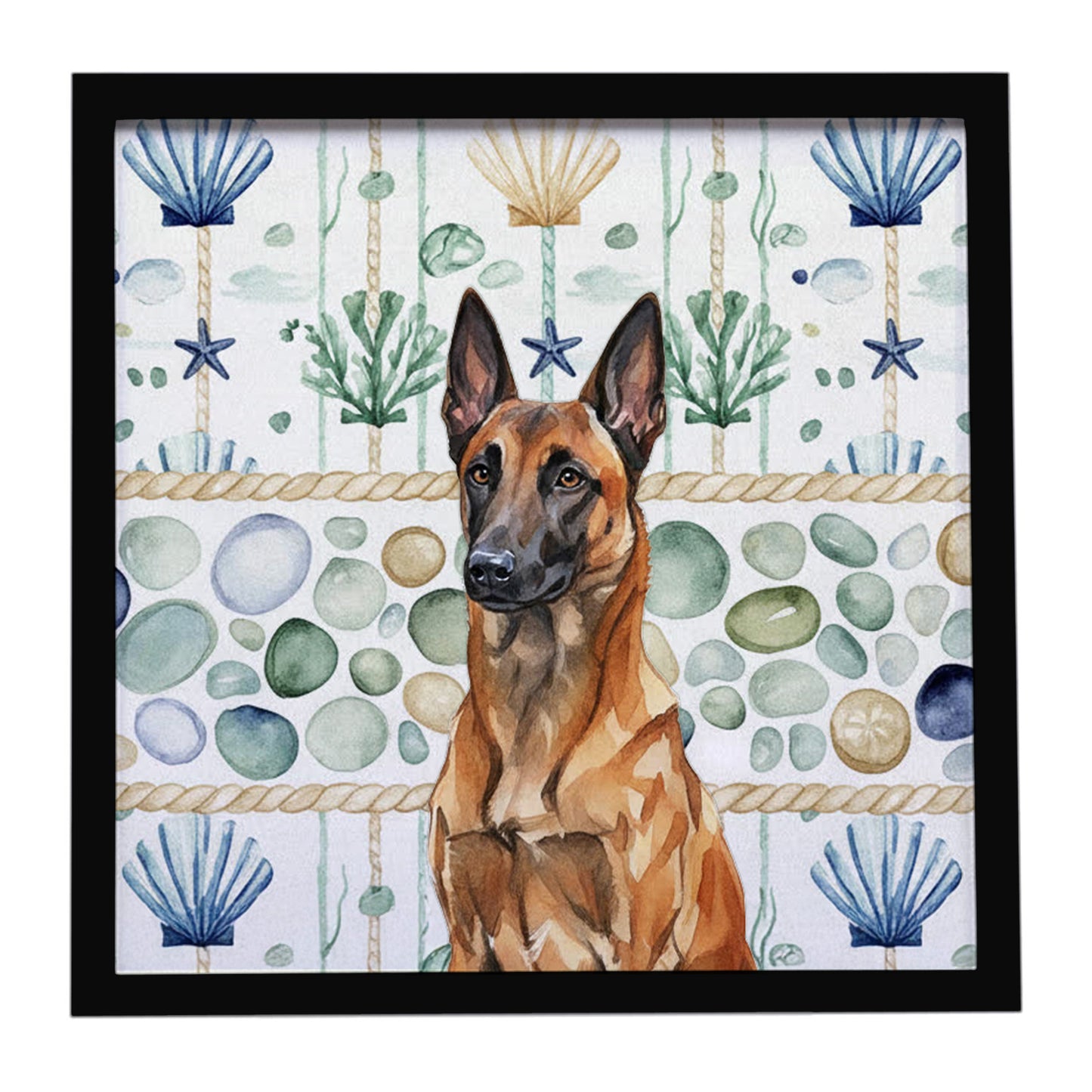 Buy this Mahogany Belgian Malinois Coastal Sea Glass Framed Metal Print