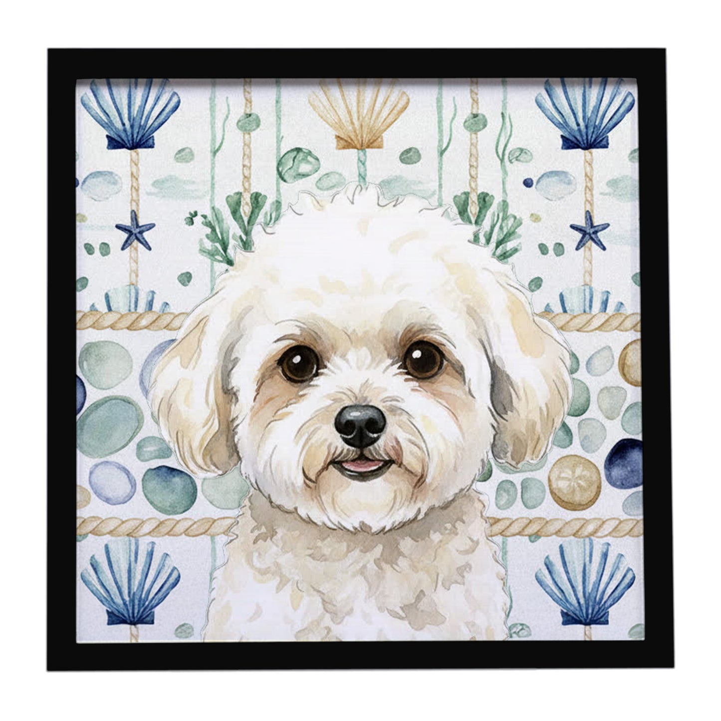 Buy this White and Cream Bichon Frise Coastal Sea Glass Framed Metal Print