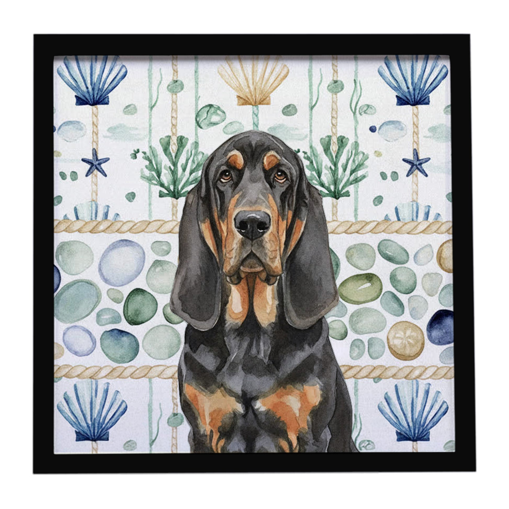 Buy this Black and Tan Bloodhound Coastal Sea Glass Framed Metal Print