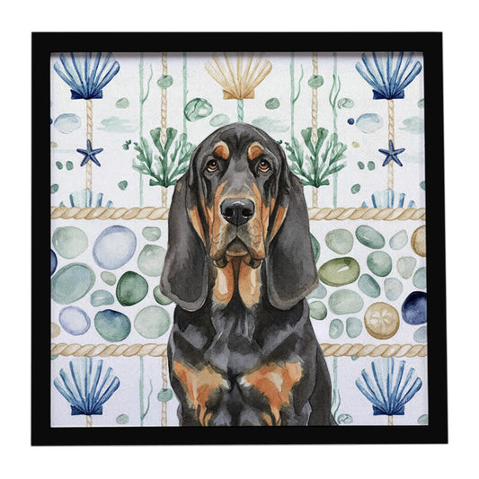 Buy this Black and Tan Bloodhound Coastal Sea Glass Framed Metal Print