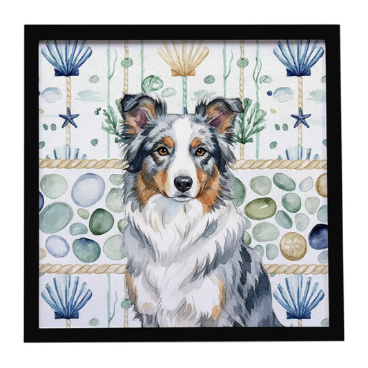 Buy this Blue Merle Border Collie Coastal Sea Glass Framed Metal Print