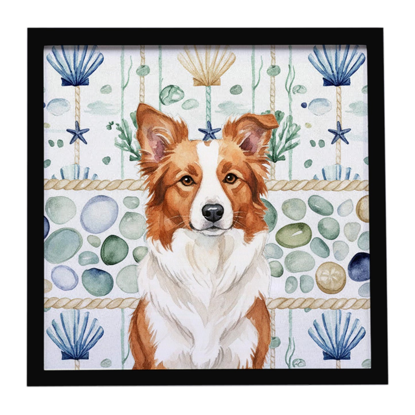 Buy this Red and White Border Collie Coastal Sea Glass Framed Metal Print