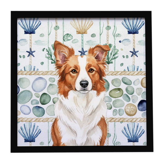 Buy this Red and White Border Collie Coastal Sea Glass Framed Metal Print