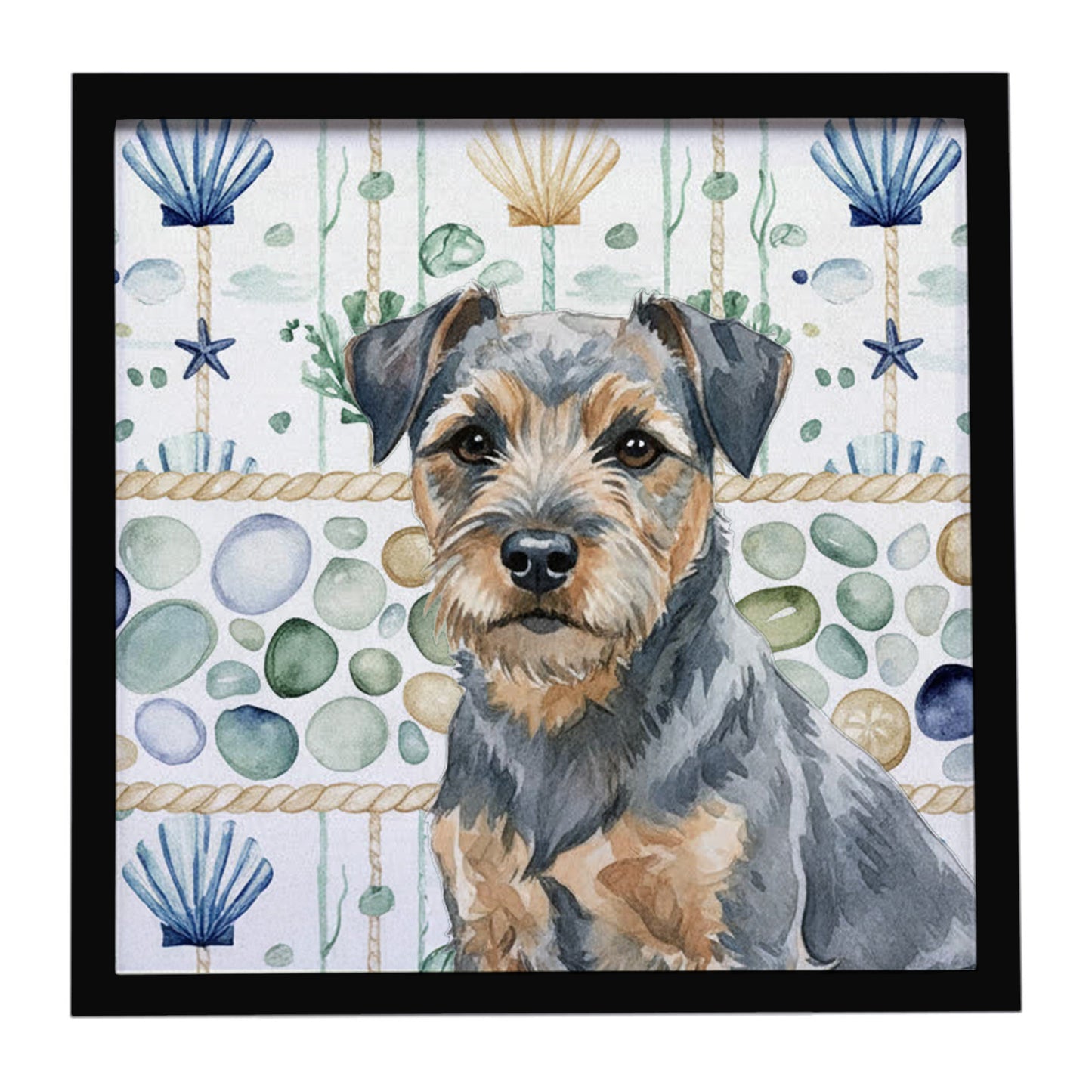 Buy this Blue and Tan Border Terrier Coastal Sea Glass Framed Metal Print