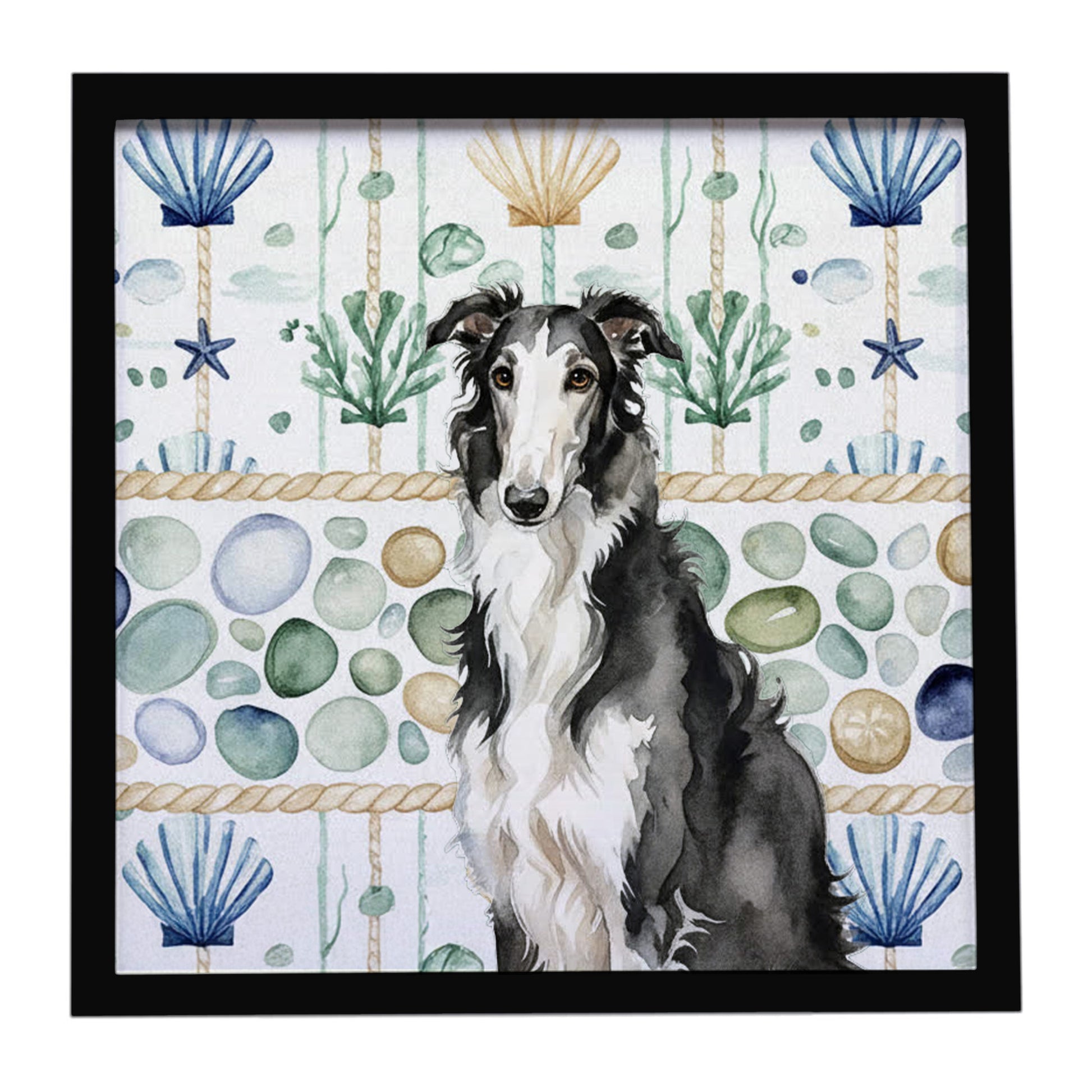 Buy this Black and White Borzoi Coastal Sea Glass Framed Metal Print