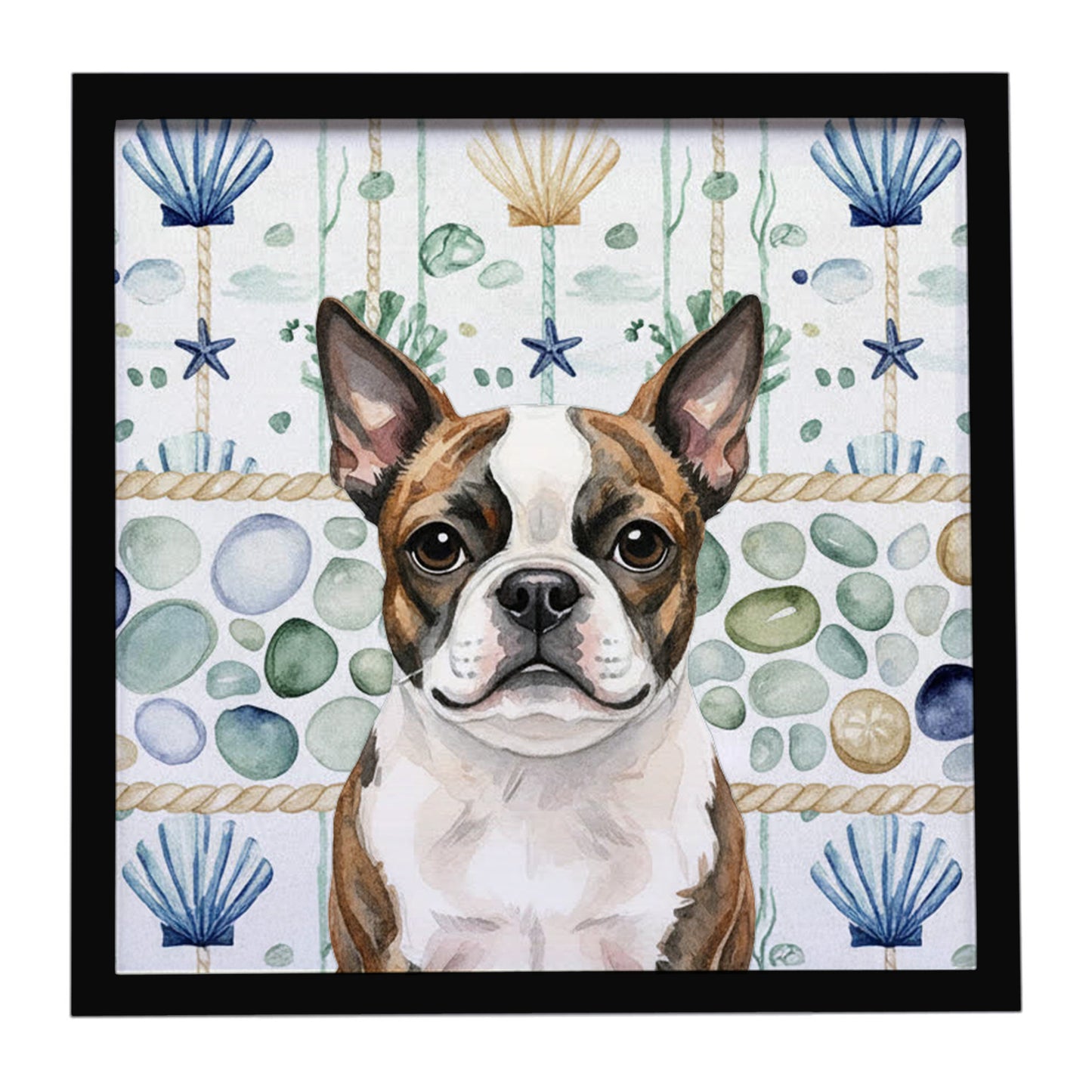 Buy this Brindle Boston Terrier Coastal Sea Glass Framed Metal Print