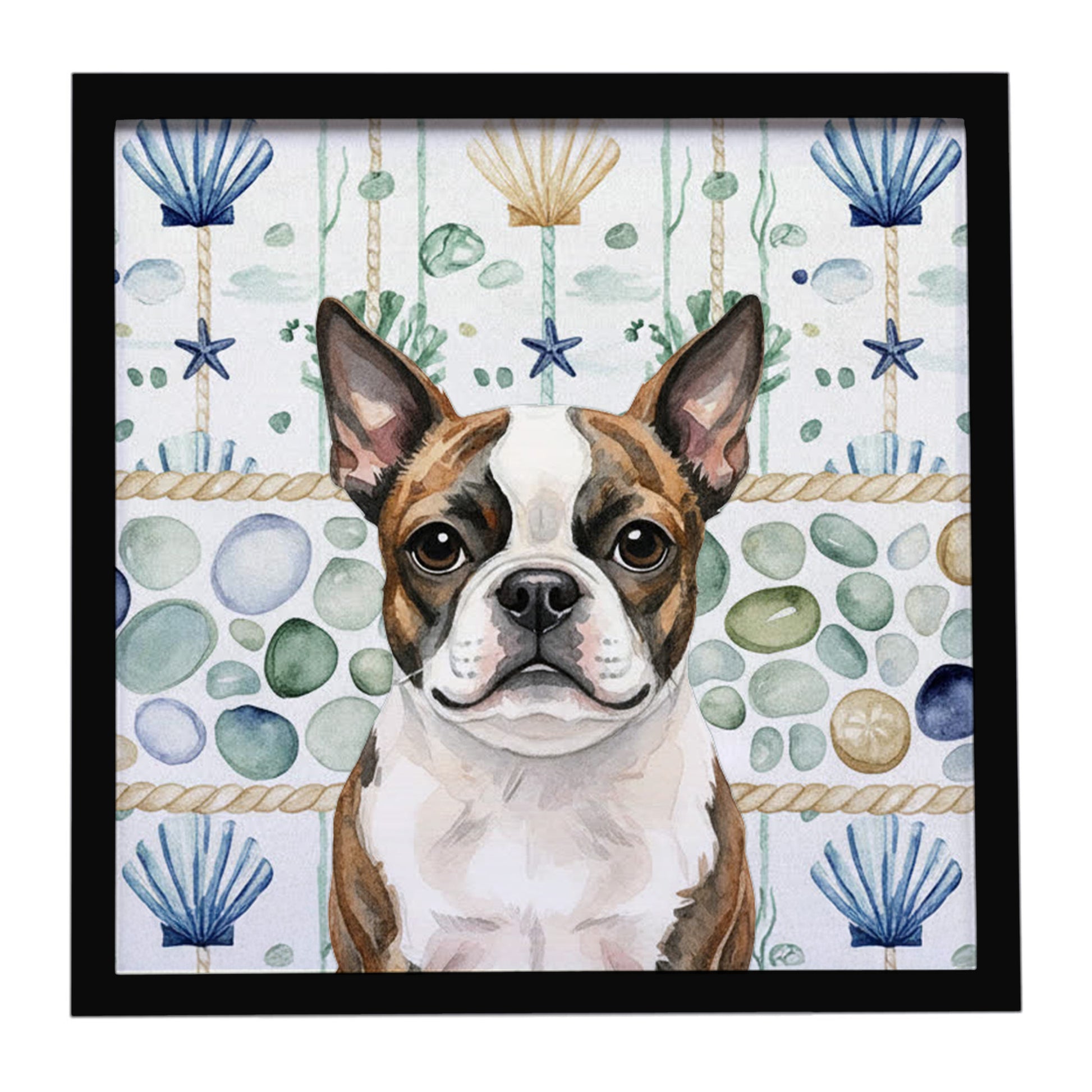 Buy this Brindle Boston Terrier Coastal Sea Glass Framed Metal Print