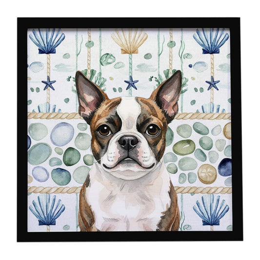 Buy this Brindle Boston Terrier Coastal Sea Glass Framed Metal Print