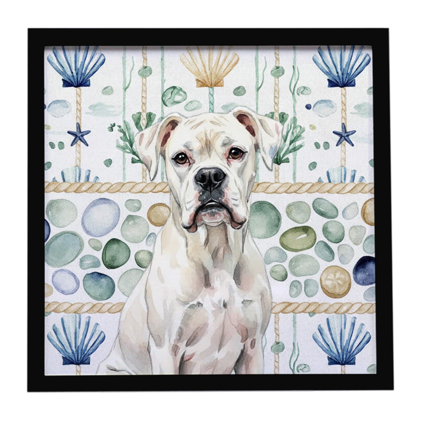 Buy this White Boxer Coastal Sea Glass Framed Metal Print