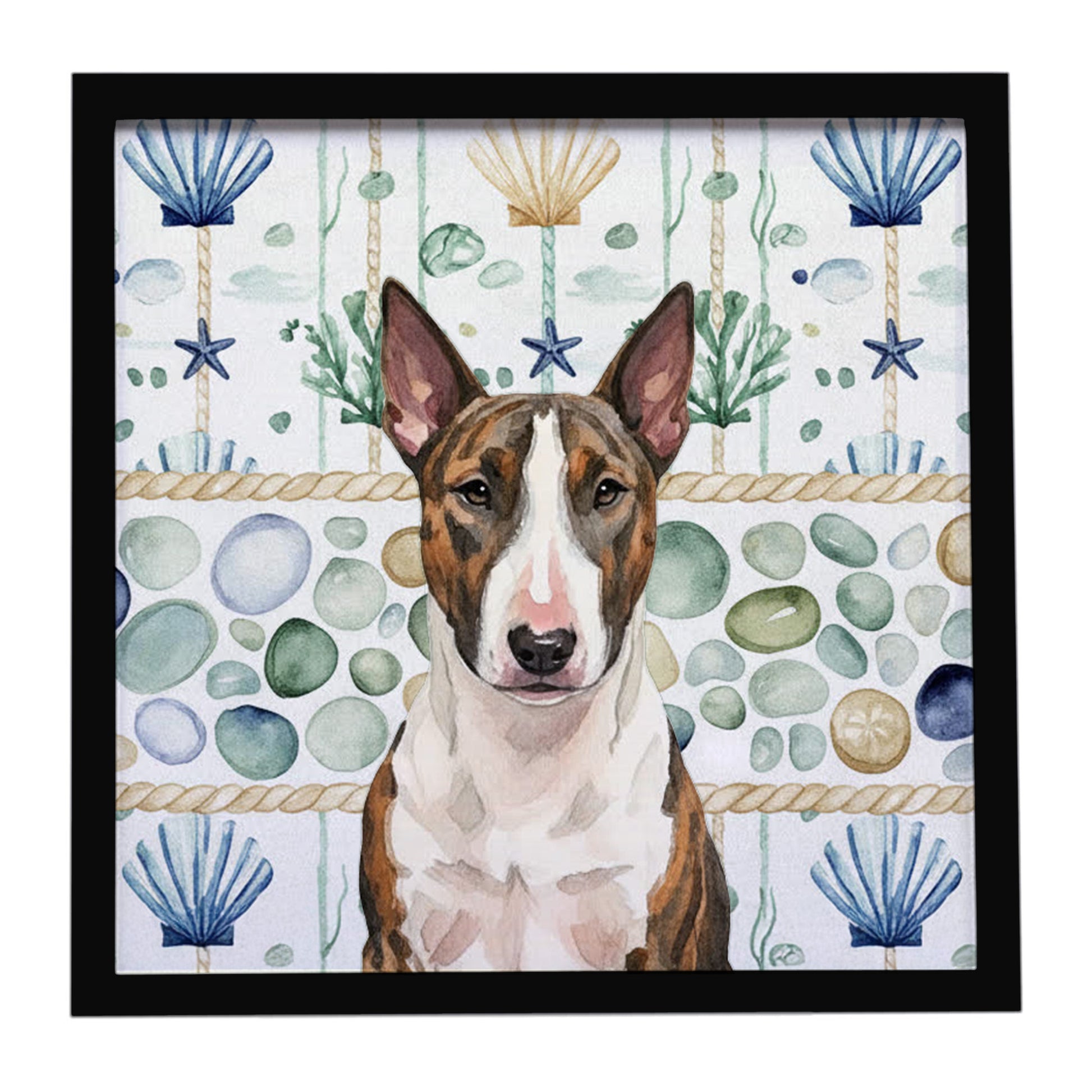Buy this Brindle and White Bull Terrier Coastal Sea Glass Framed Metal Print