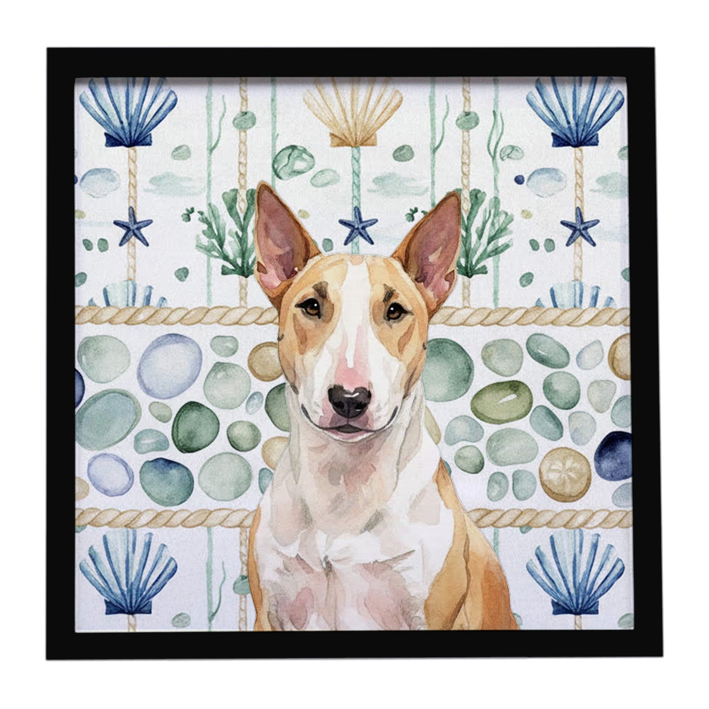Buy this Fawn and White Bull Terrier Coastal Sea Glass Framed Metal Print