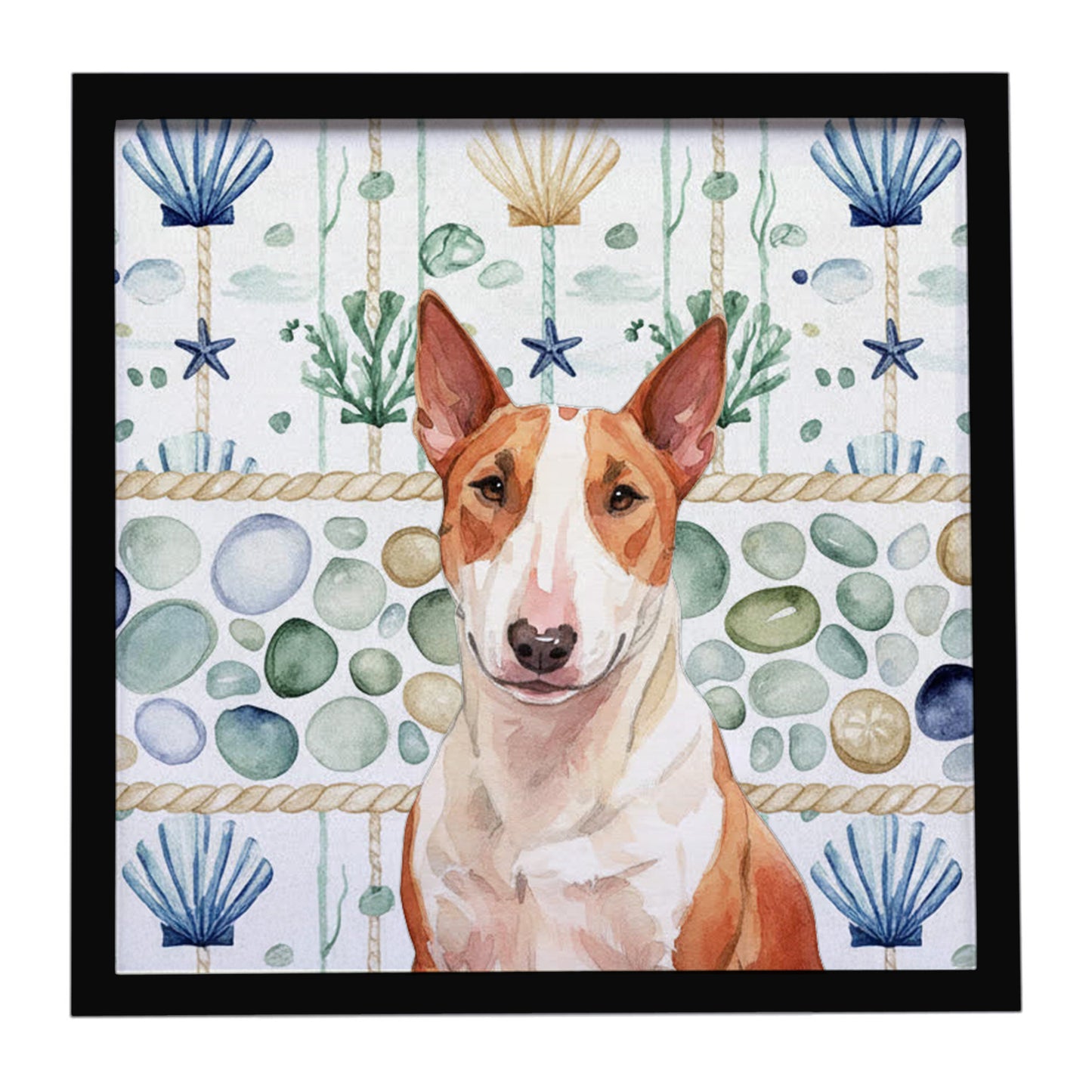 Buy this Red and White Bull Terrier Coastal Sea Glass Framed Metal Print