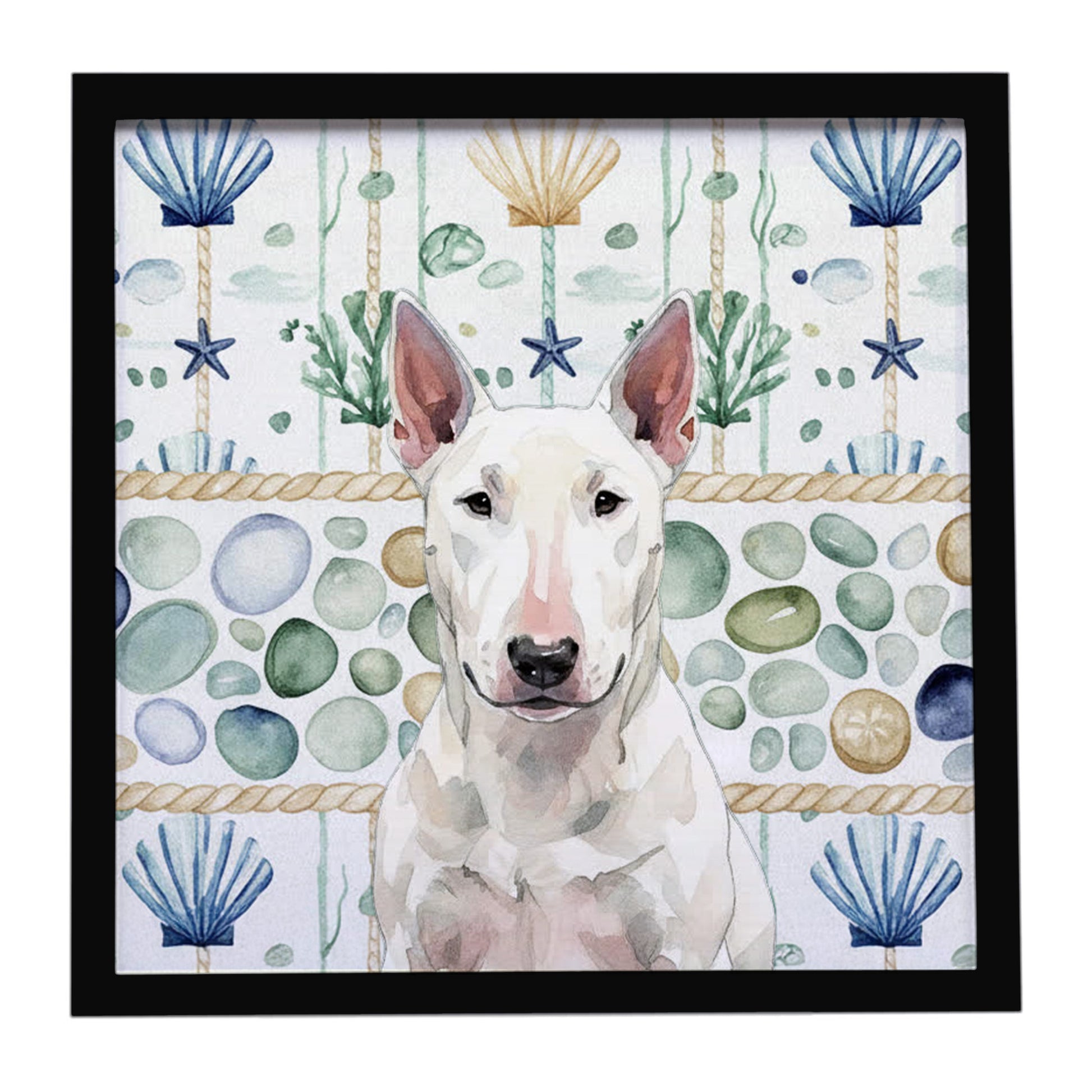 Buy this White Bull Terrier Coastal Sea Glass Framed Metal Print