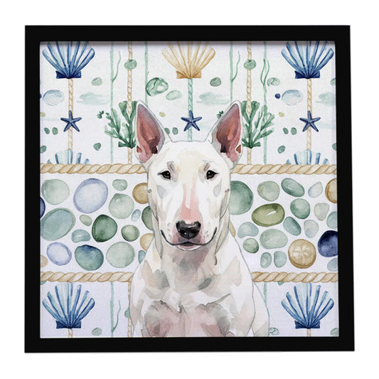 Buy this White Bull Terrier Coastal Sea Glass Framed Metal Print