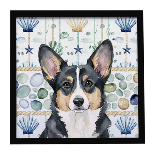 Buy this Black and White Cardigan Welsh Corgi Coastal Sea Glass Framed Metal Print